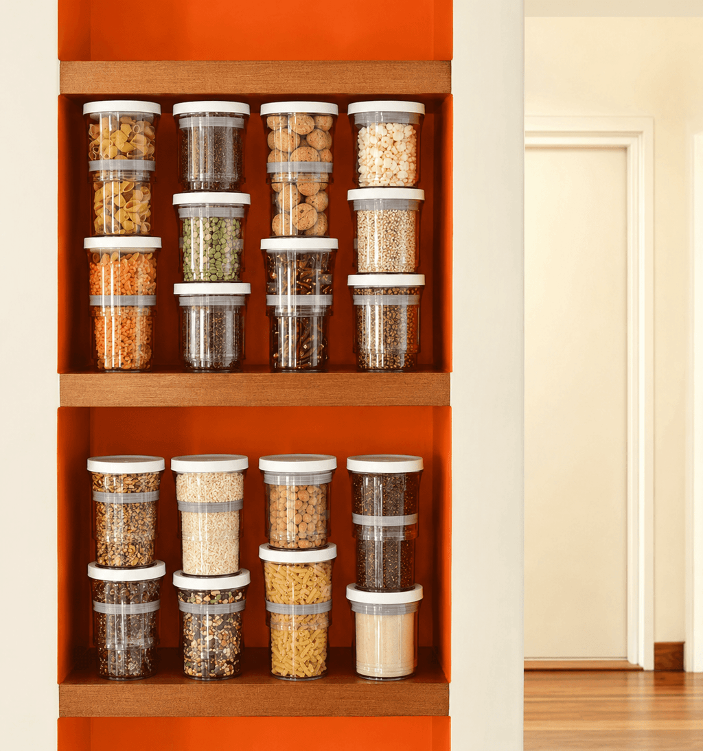 Flexseal vacuum container organized with coffee, snacks, and dry foods on a shelf.